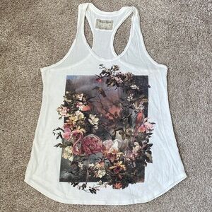 All Saints White Racerback Tank with Pink Flamingo & Floral Print